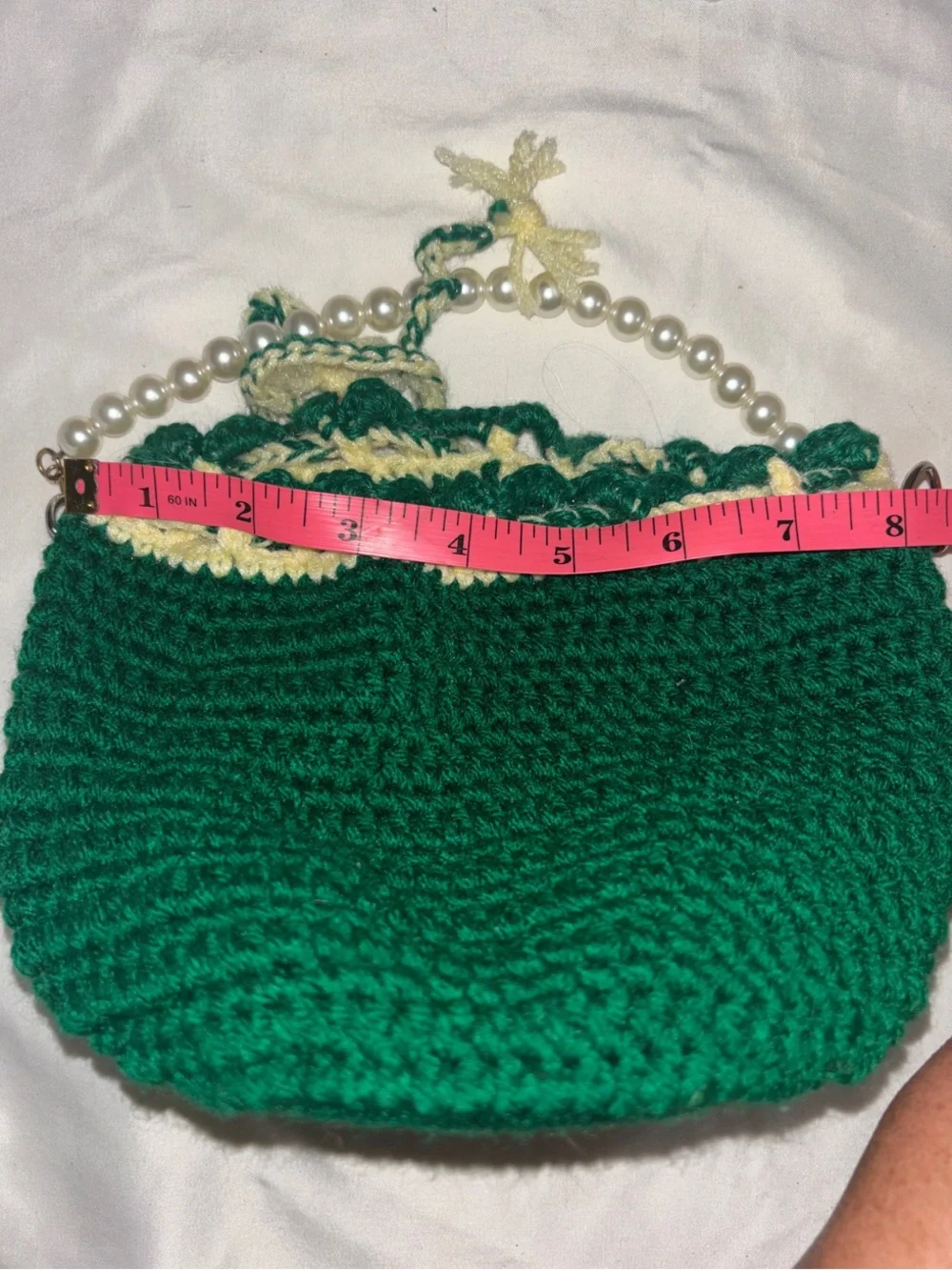 Handcrafted Green Crochet Drawstring hand Bag with Pearl Handle fairy floral